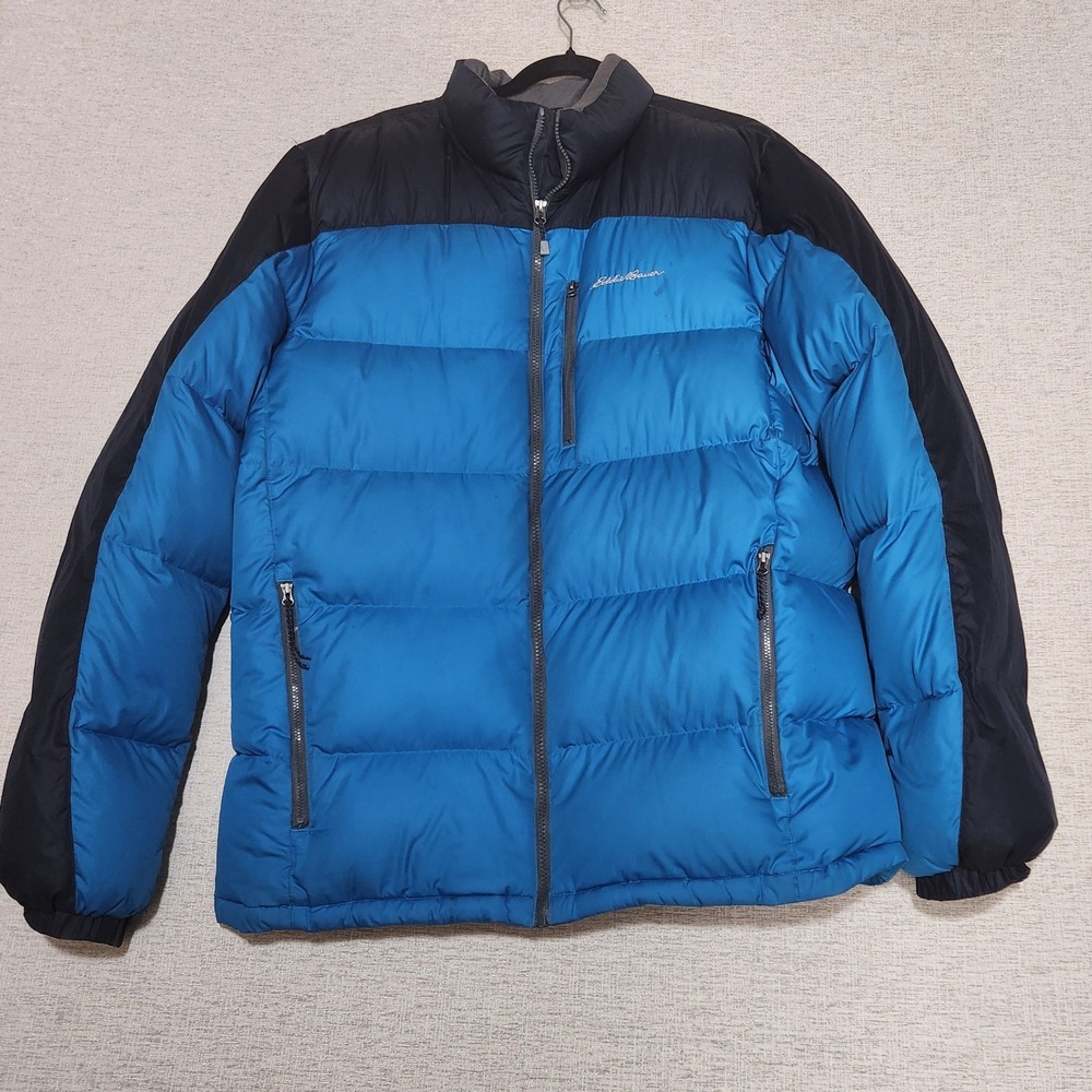 Eddie Bauer Puffer Jacket Mens TL Blue Black Down Insulated Colorblock Tall